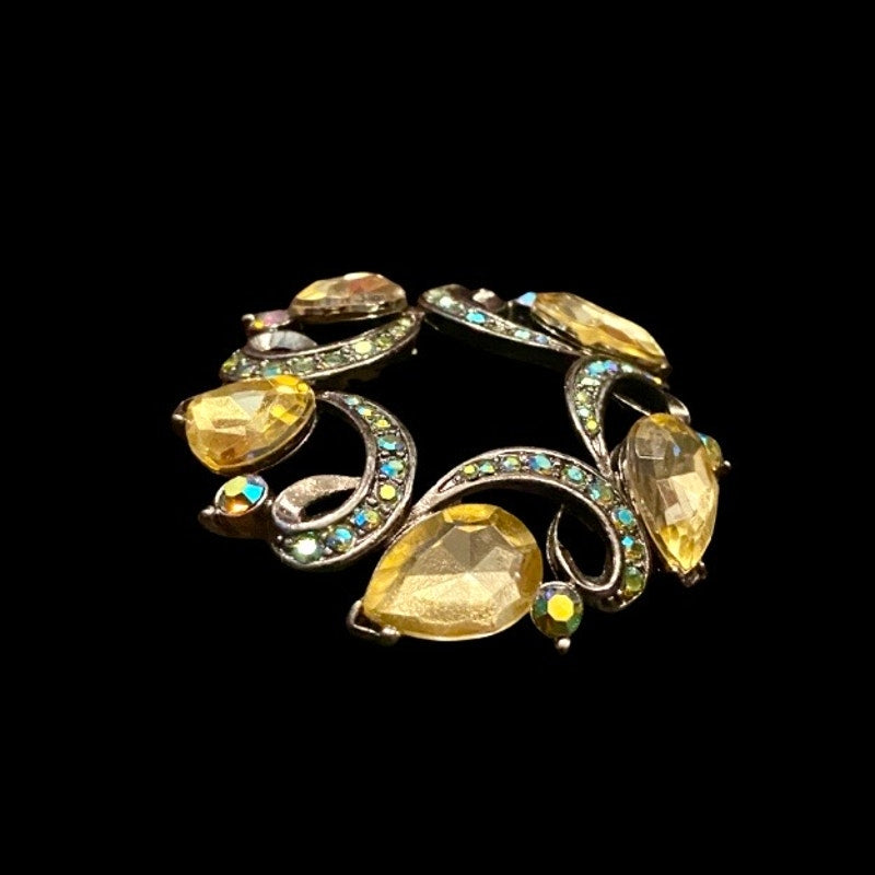 Anne Klein Yellow Crystal Rhinestone Studded Pewter Wreath Pin