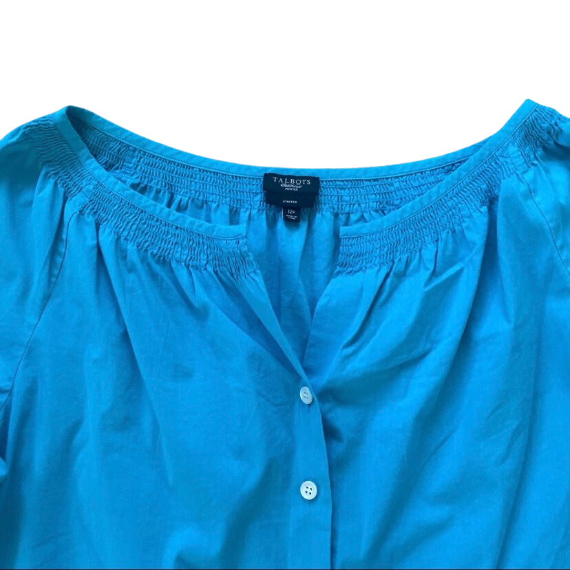 NWOT Talbot’s Petites Stretch Cyan Blue Button Down Peasant Blouse (12P)