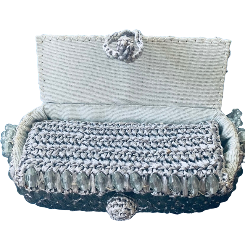 Vintage 60s Gaymode Silver Handmade Straw Beaded Top Handle Bag/ Purse