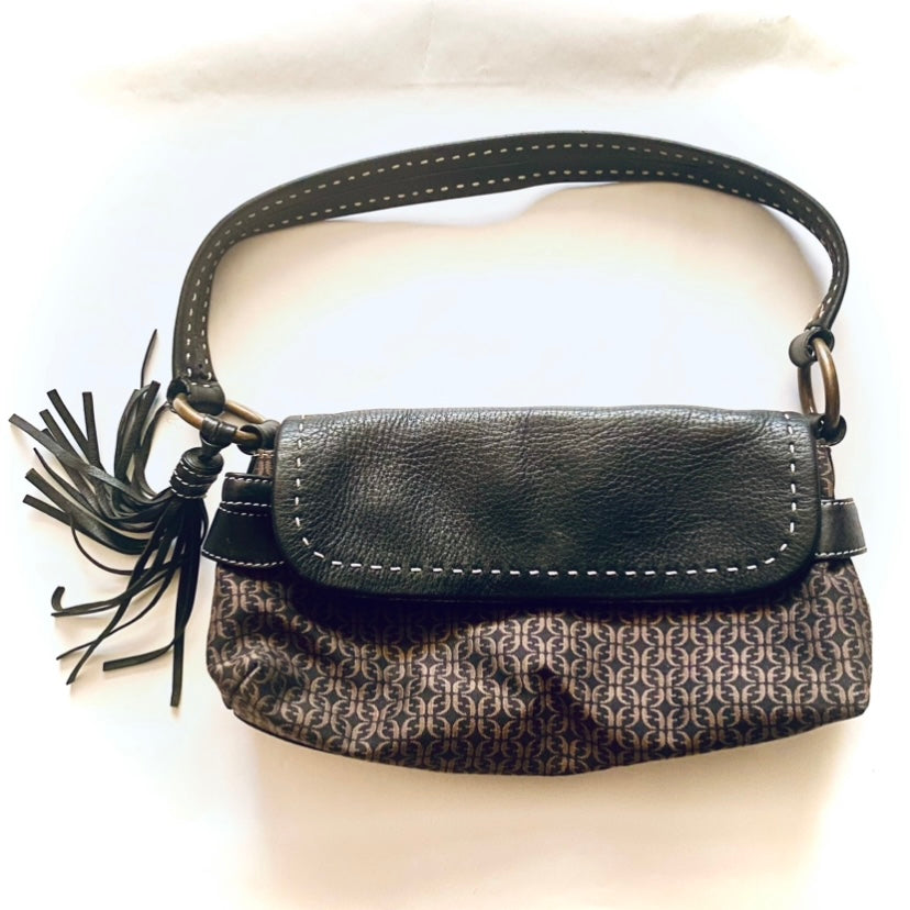 Fossil FF Logo Black/ Tan Jacquard Canvas Leather Bag w/ Tassel & Gold Hardware