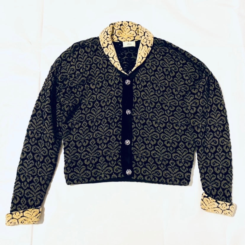 π *RARE VINTAGE* 90βs Dia North of Boston Black & Sage Green Damask Button Down Sweater