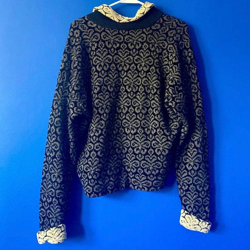π *RARE VINTAGE* 90βs Dia North of Boston Black & Sage Green Damask Button Down Sweater
