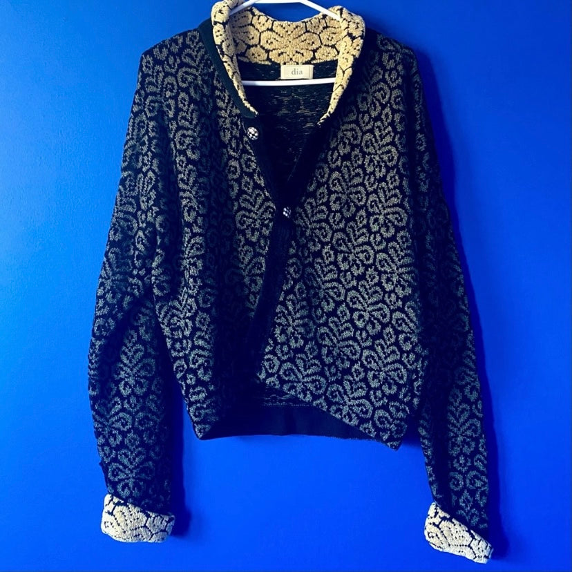 π *RARE VINTAGE* 90βs Dia North of Boston Black & Sage Green Damask Button Down Sweater