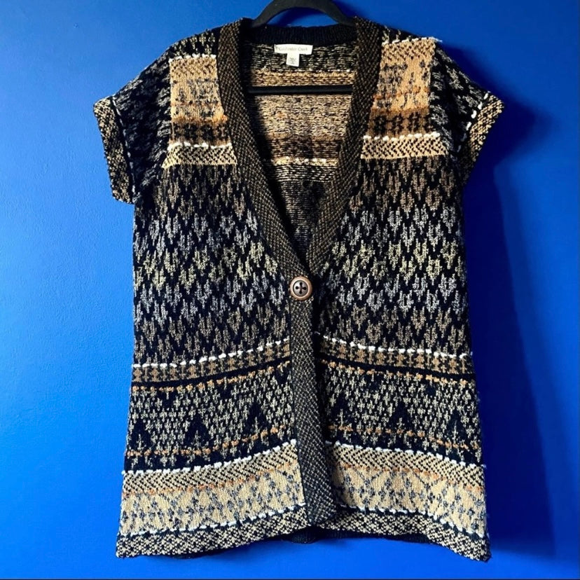 90s- Style Coldwater Creek Fair Isle Knit Short-sleeve Cardigan Sweater (M)