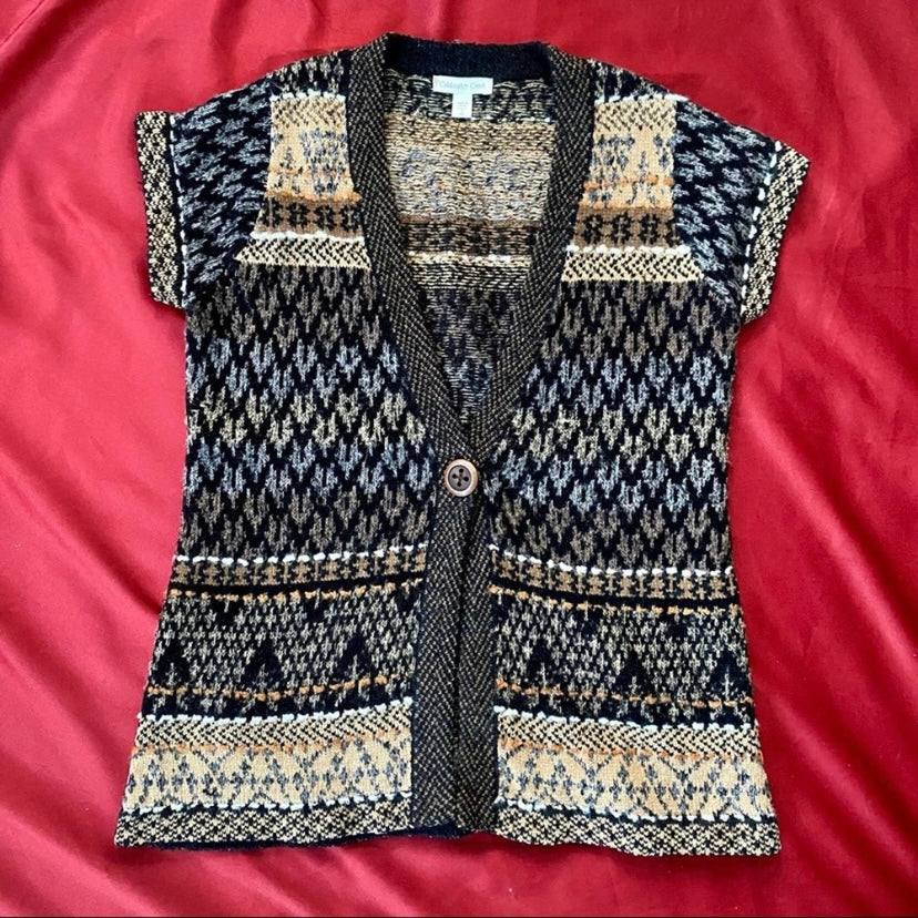 90s- Style Coldwater Creek Fair Isle Knit Short-sleeve Cardigan Sweater (M)