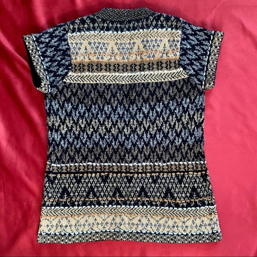 90s- Style Coldwater Creek Fair Isle Knit Short-sleeve Cardigan Sweater (M)