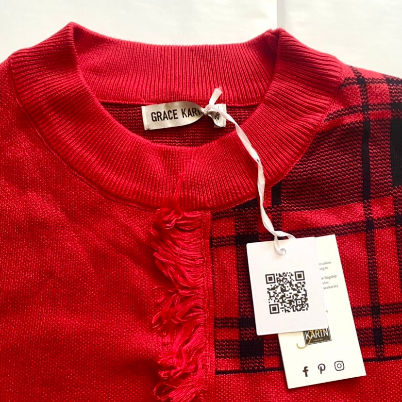 π NWT Grace Karin Red & Black Patchwork Fringe Tartan Sweater (XXL)