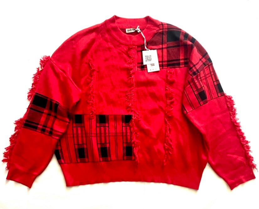 π NWT Grace Karin Red & Black Patchwork Fringe Tartan Sweater (XXL)
