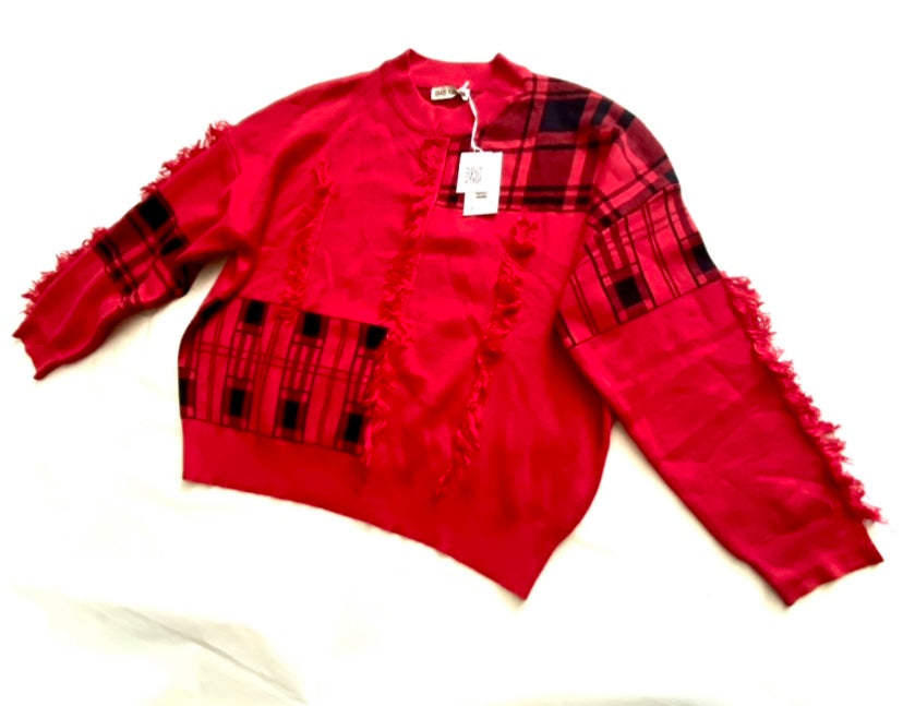 π NWT Grace Karin Red & Black Patchwork Fringe Tartan Sweater (XXL)