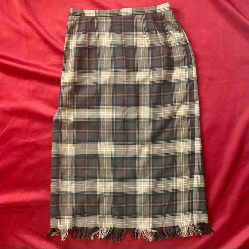 Vintage Brown Tan Cream Tartan High-Waisted Skirt with Fringe Hem (Petite Medium)