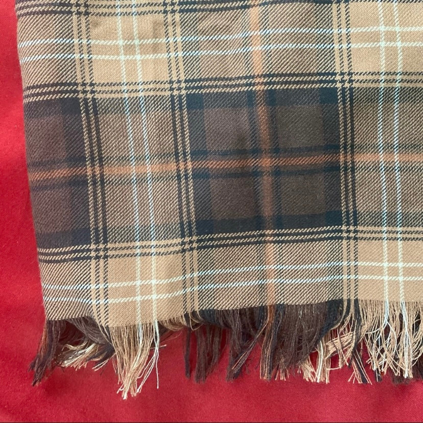 Vintage Brown Tan Cream Tartan High-Waisted Skirt with Fringe Hem (Petite Medium)