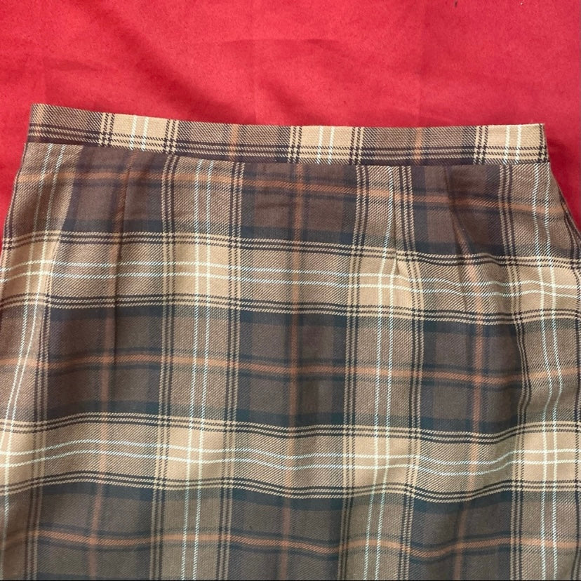 Vintage Brown Tan Cream Tartan High-Waisted Skirt with Fringe Hem (Petite Medium)