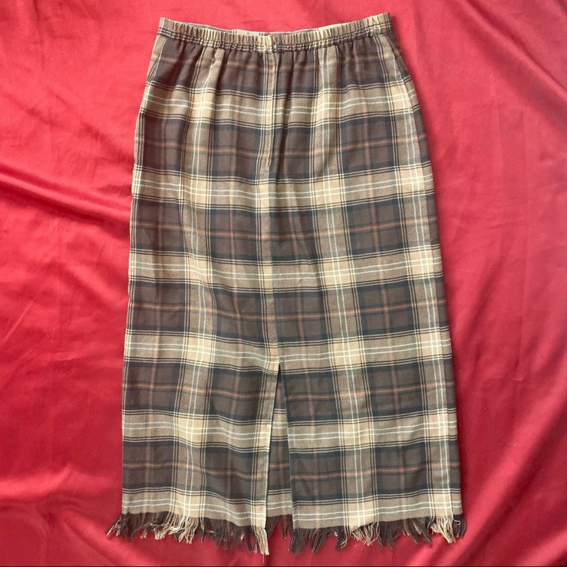 Vintage Brown Tan Cream Tartan High-Waisted Skirt with Fringe Hem (Petite Medium)