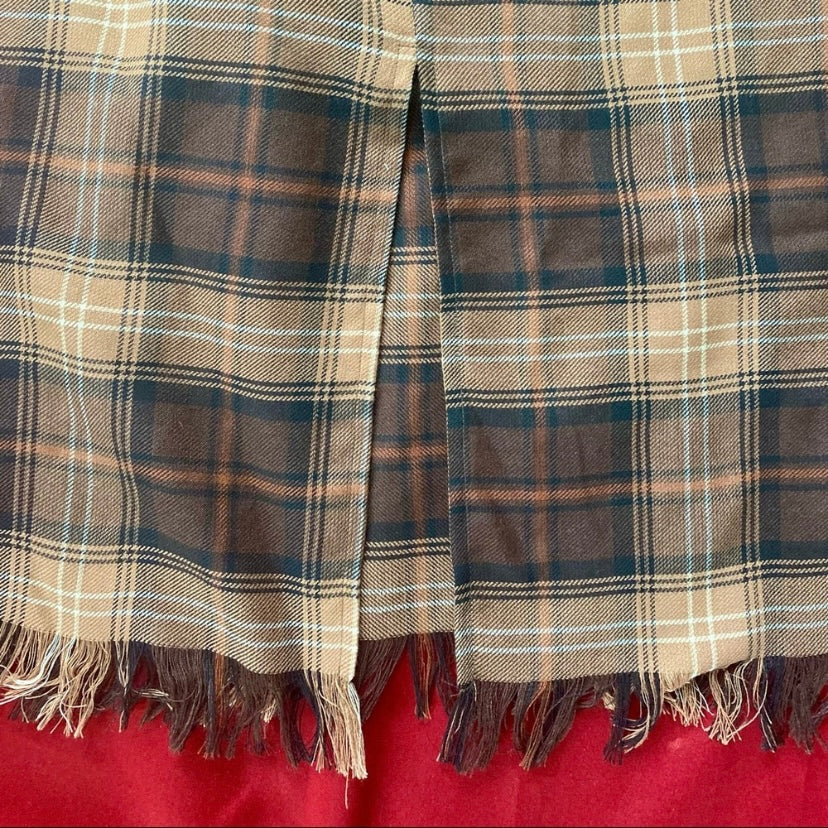 Vintage Brown Tan Cream Tartan High-Waisted Skirt with Fringe Hem (Petite Medium)
