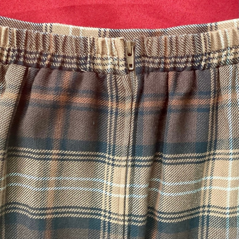 Vintage Brown Tan Cream Tartan High-Waisted Skirt with Fringe Hem (Petite Medium)