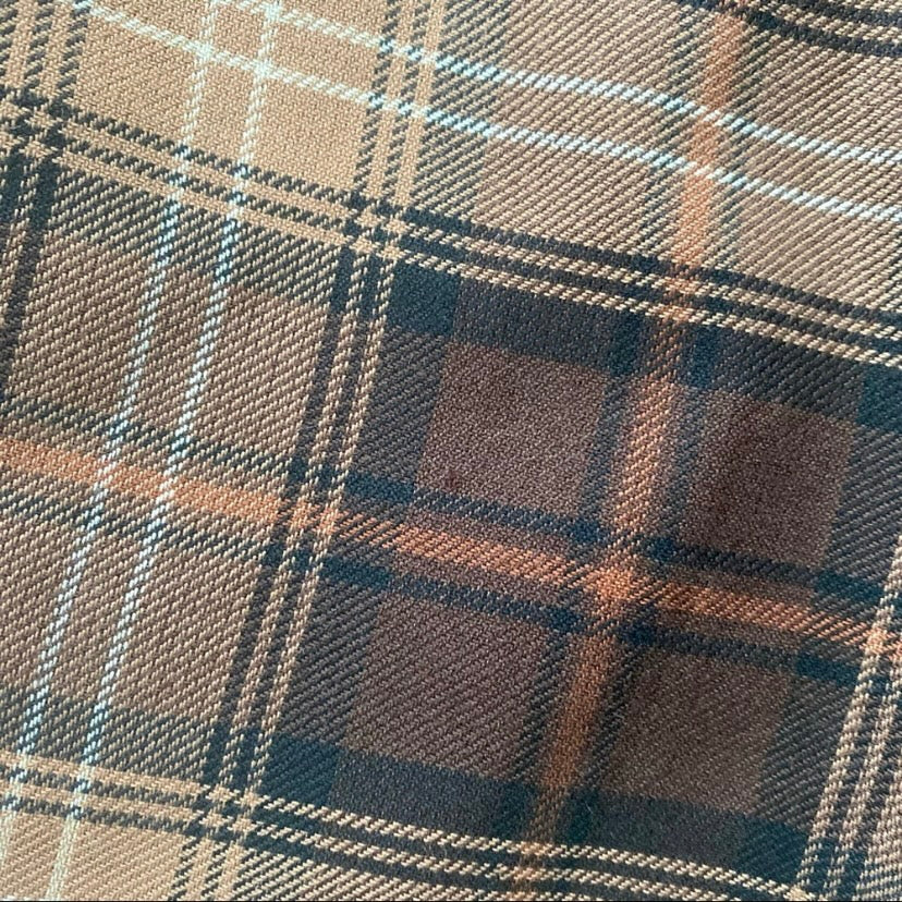 Vintage Brown Tan Cream Tartan High-Waisted Skirt with Fringe Hem (Petite Medium)