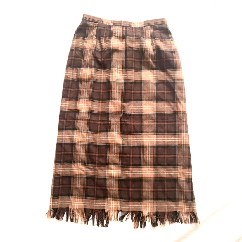 Vintage Brown Tan Cream Tartan High-Waisted Skirt with Fringe Hem (Petite Medium)
