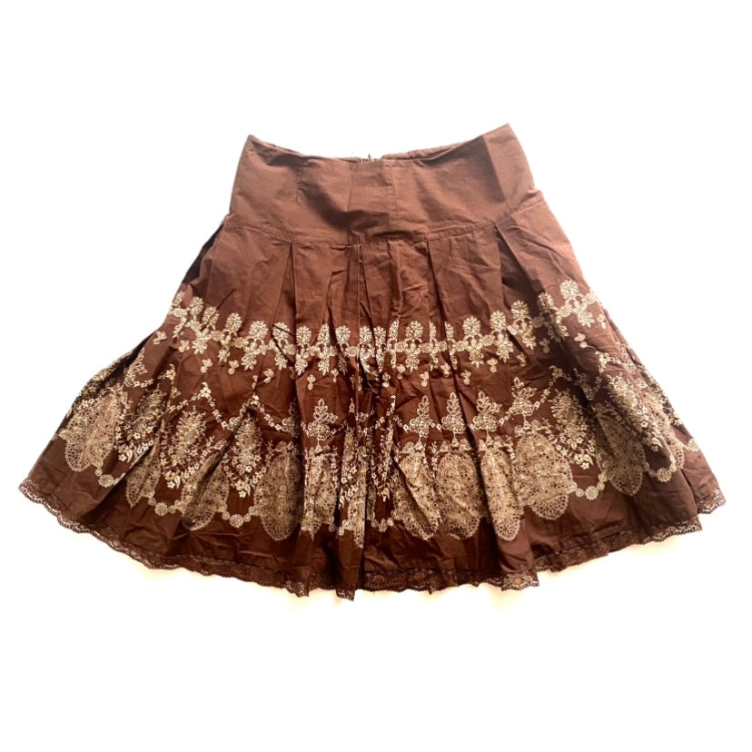 Chocolate Brown w/ Beige Brocade Print Lace Hem Cotton Circle Skirt (8)