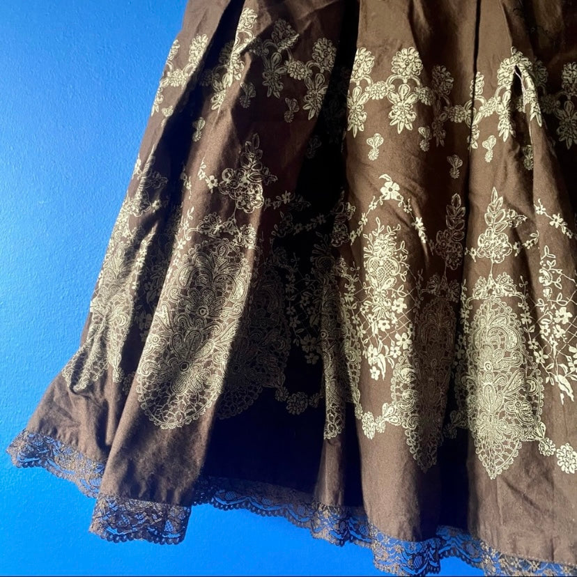 Chocolate Brown w/ Beige Brocade Print Lace Hem Cotton Circle Skirt (8)