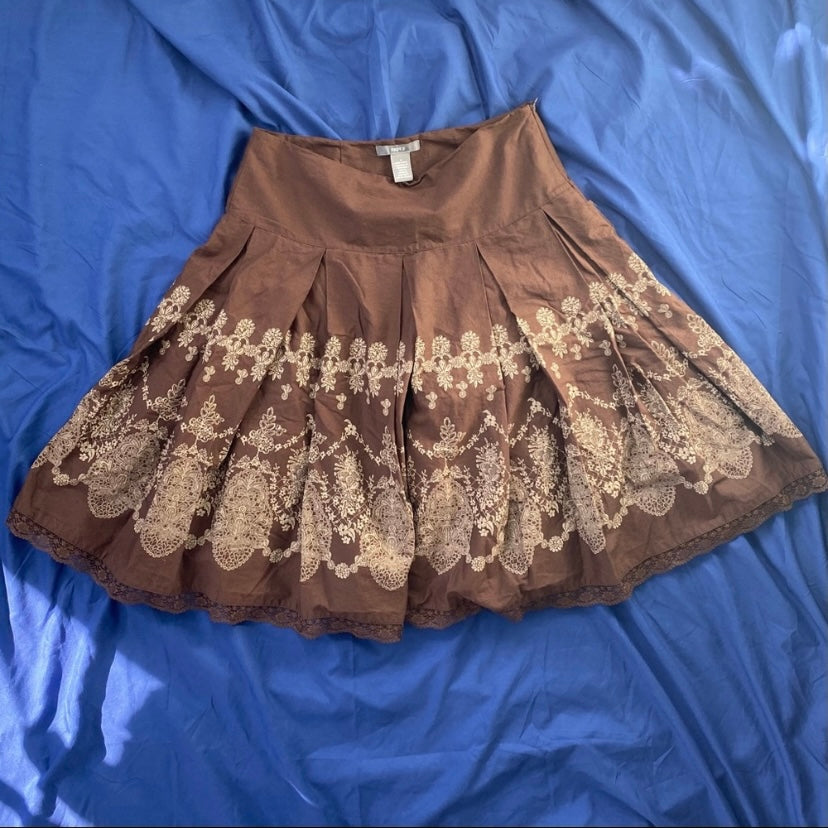Chocolate Brown w/ Beige Brocade Print Lace Hem Cotton Circle Skirt (8)