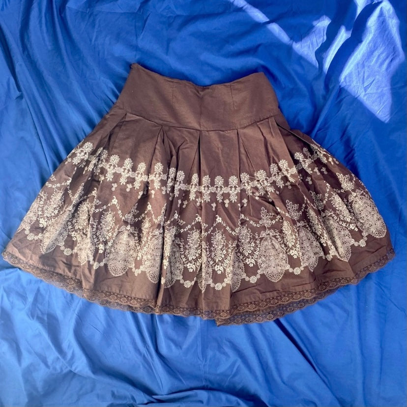 Chocolate Brown w/ Beige Brocade Print Lace Hem Cotton Circle Skirt (8)