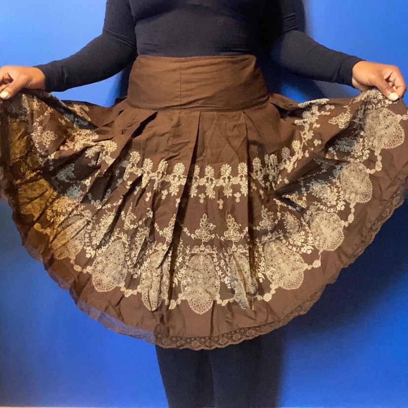 Chocolate Brown w/ Beige Brocade Print Lace Hem Cotton Circle Skirt (8)