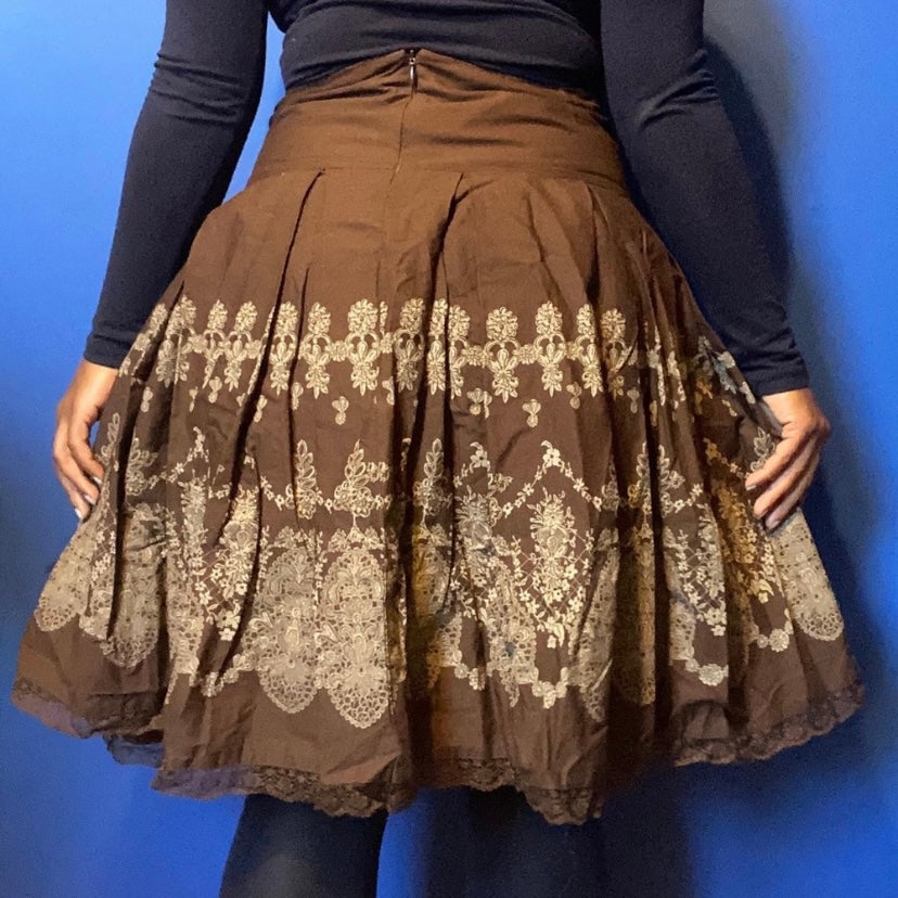 Chocolate Brown w/ Beige Brocade Print Lace Hem Cotton Circle Skirt (8)