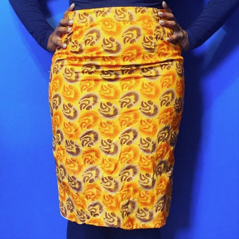 Vintage Women’s Funky Orange Handmade Ankara Print Pencil Skirt (M)