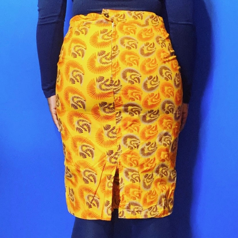 Vintage Women’s Funky Orange Handmade Ankara Print Pencil Skirt (M)