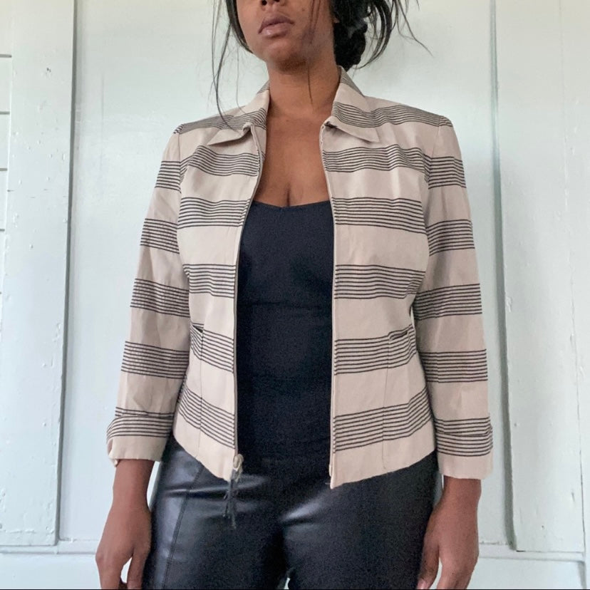 Y2K Zip-up Striped Beige & Black Striped Cotton Jacket (8)