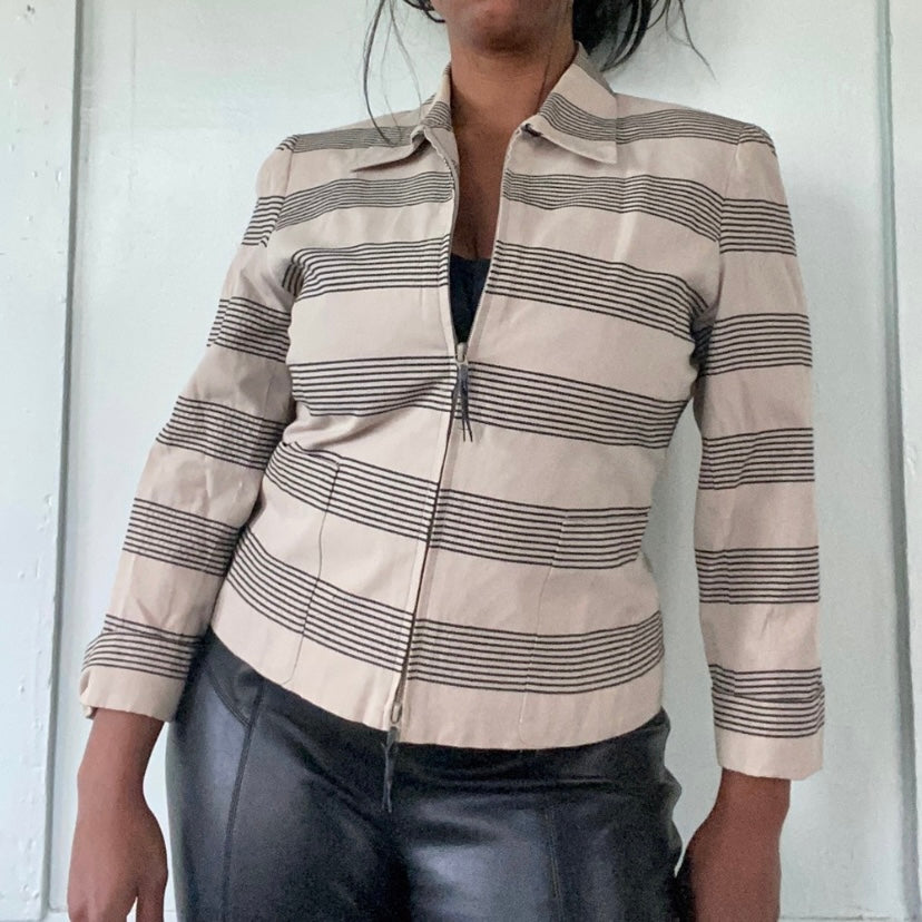Y2K Zip-up Striped Beige & Black Striped Cotton Jacket (8)