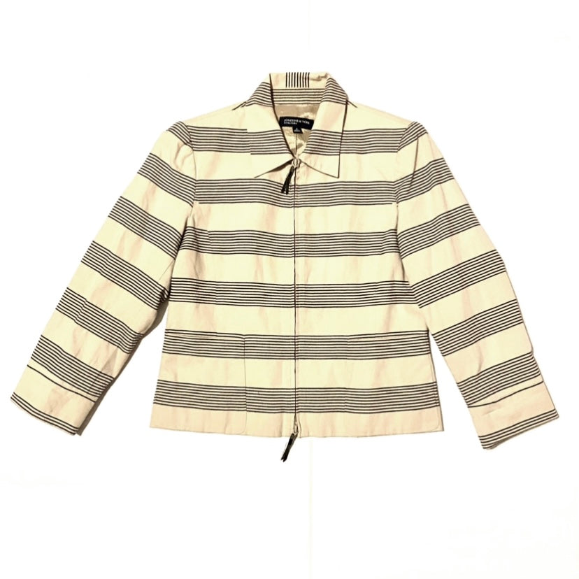 Y2K Zip-up Striped Beige & Black Striped Cotton Jacket (8)