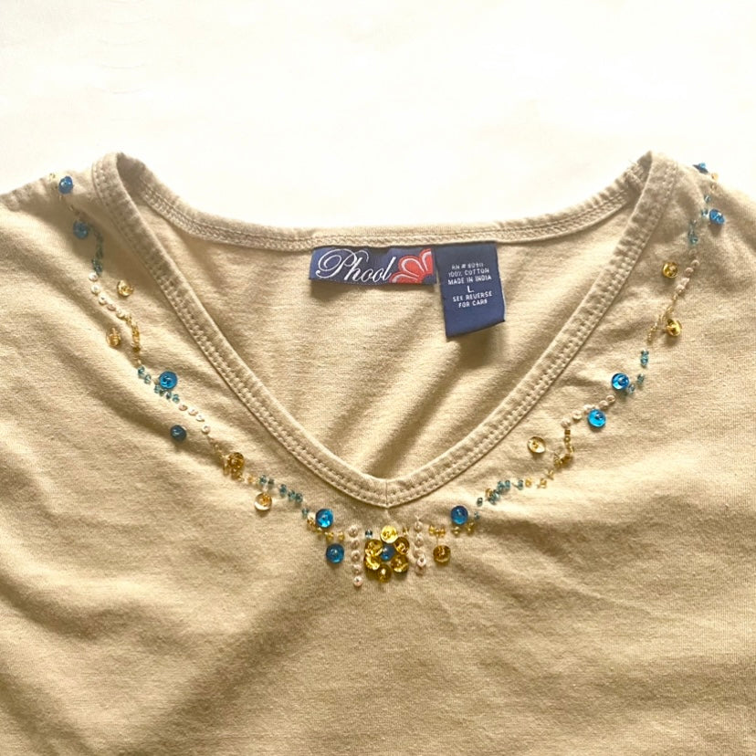 Phool Beige V-Neck Floral Sequin Embellished 3/4 Sleeve Shirt (L)