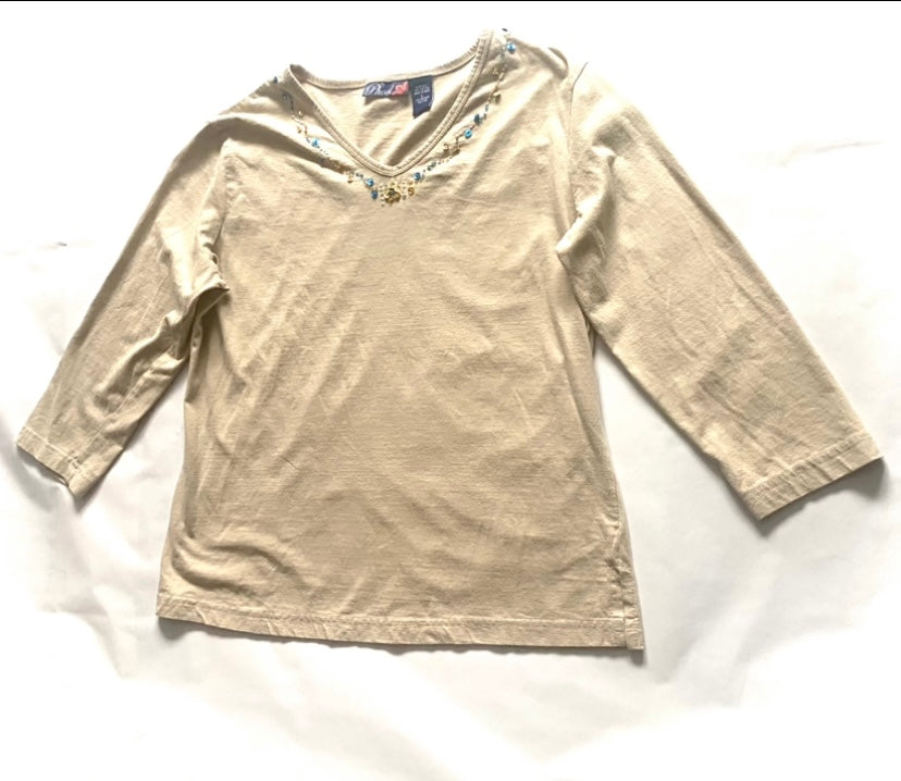 Phool Beige V-Neck Floral Sequin Embellished 3/4 Sleeve Shirt (L)