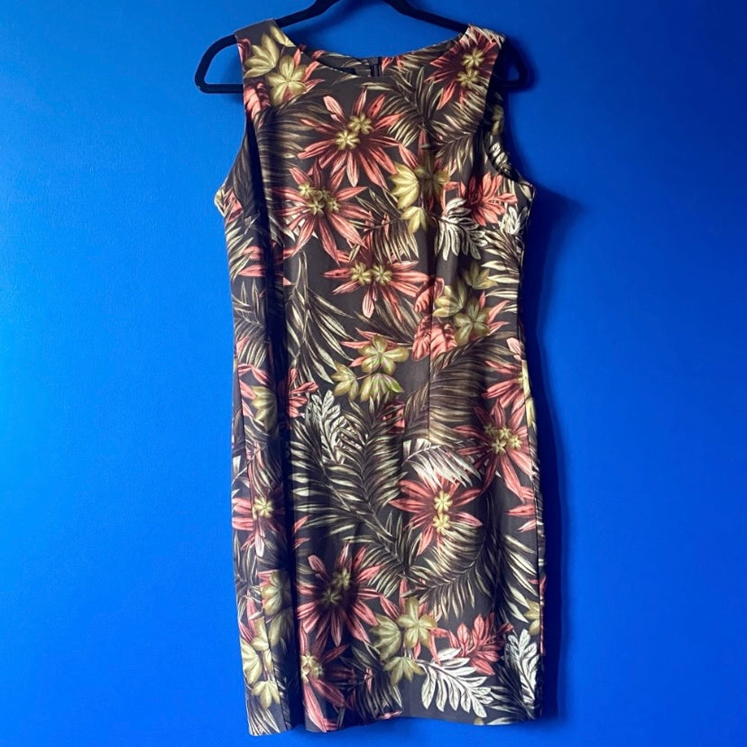 Retro Brown Tropical Floral Boat Neck Sheath Dress (14)