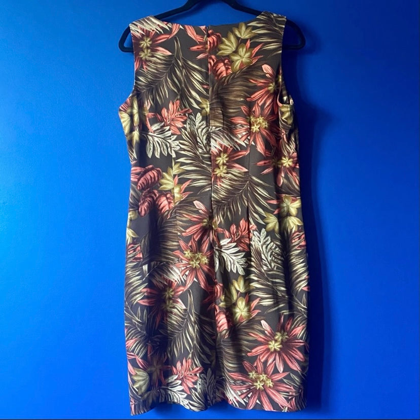 Retro Brown Tropical Floral Boat Neck Sheath Dress (14)