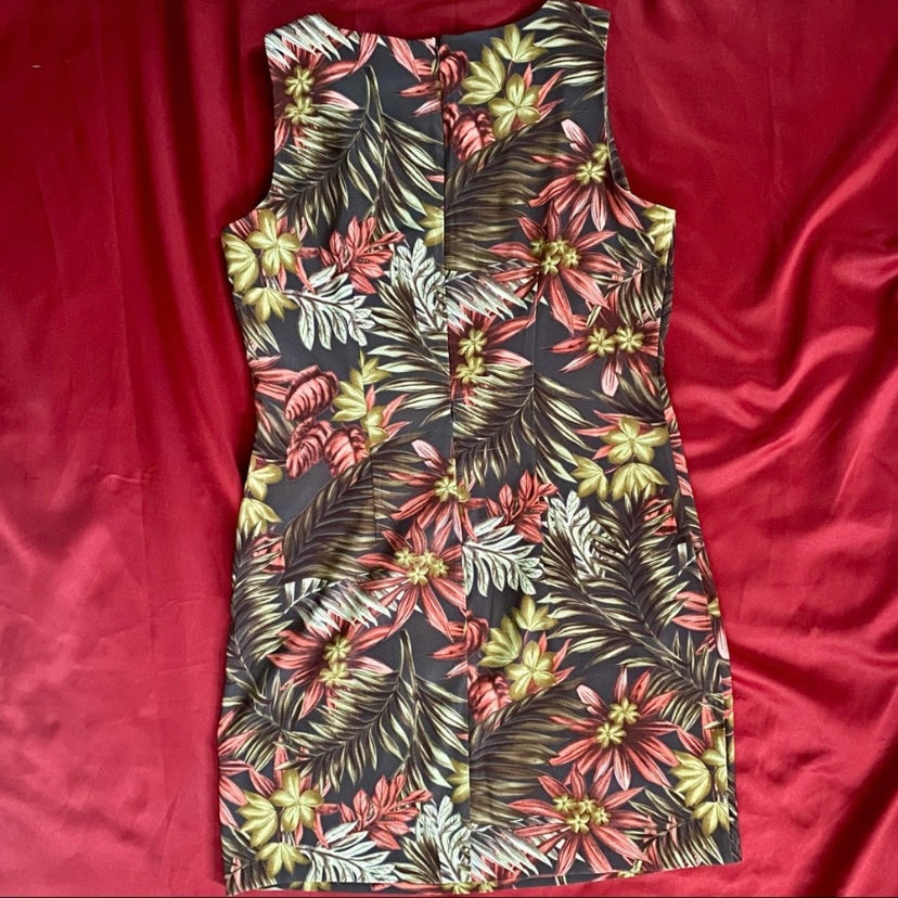 Retro Brown Tropical Floral Boat Neck Sheath Dress (14)