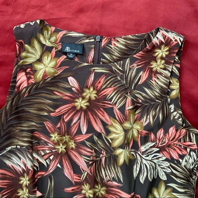Retro Brown Tropical Floral Boat Neck Sheath Dress (14)