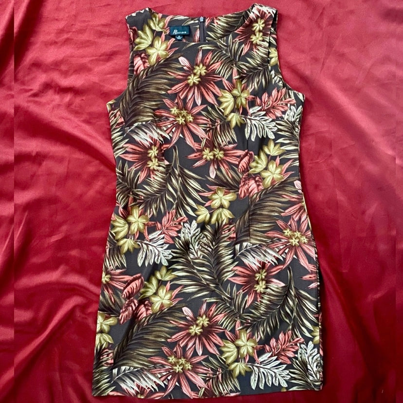 Retro Brown Tropical Floral Boat Neck Sheath Dress (14)