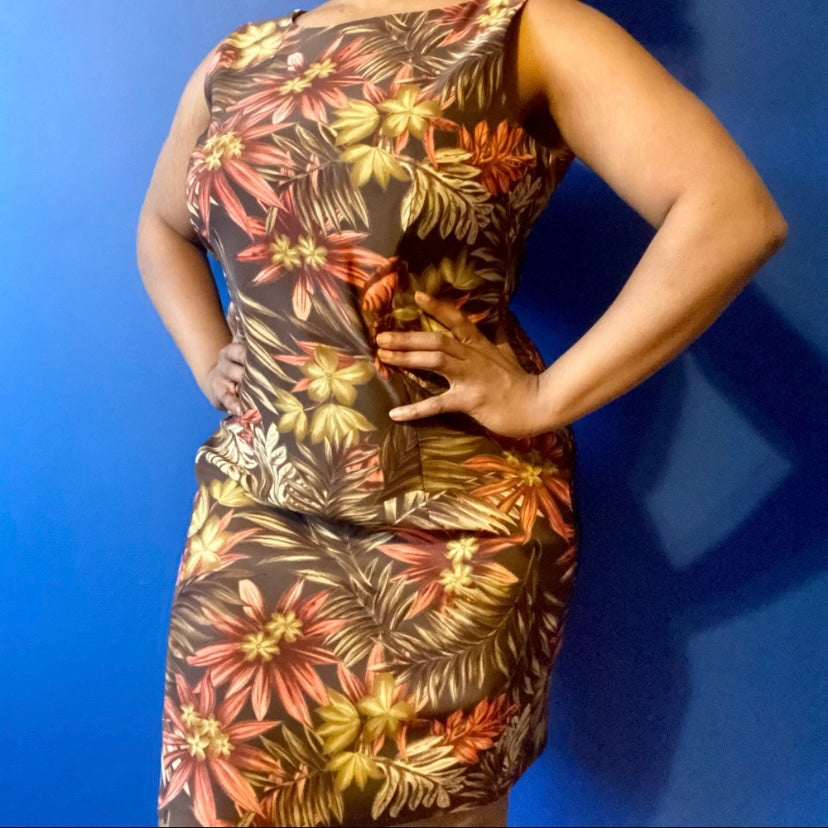Retro Brown Tropical Floral Boat Neck Sheath Dress (14)