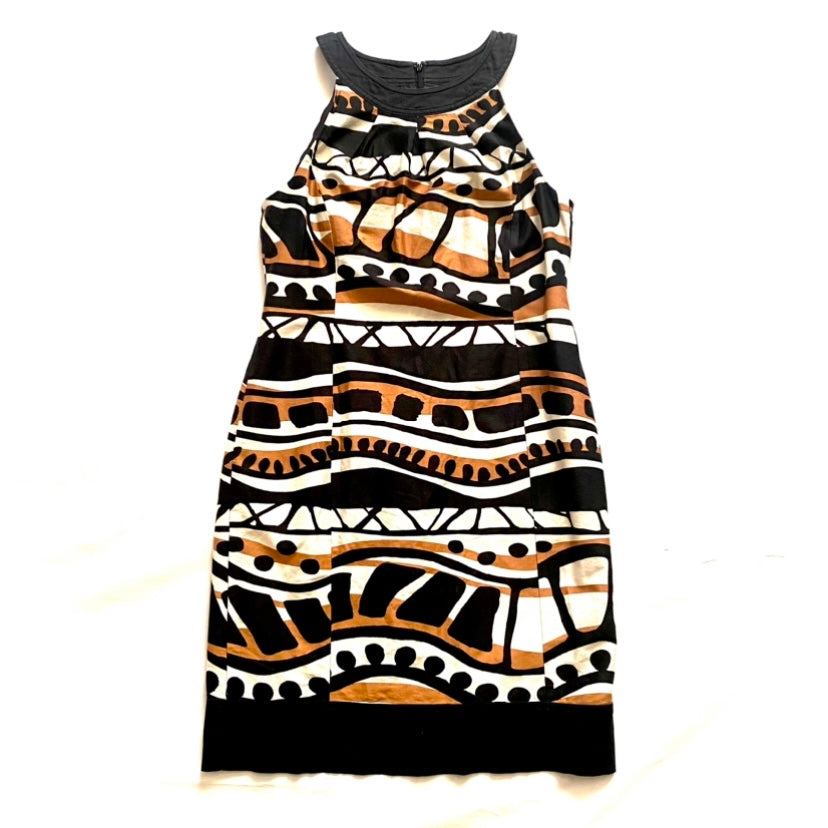 Terracotta, Black & White Abstract Sleeveless Mod Dress (8)