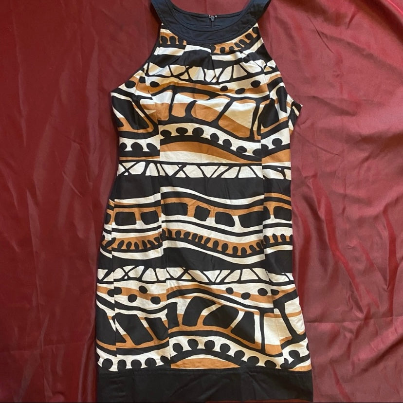 Terracotta, Black & White Abstract Sleeveless Mod Dress (8)