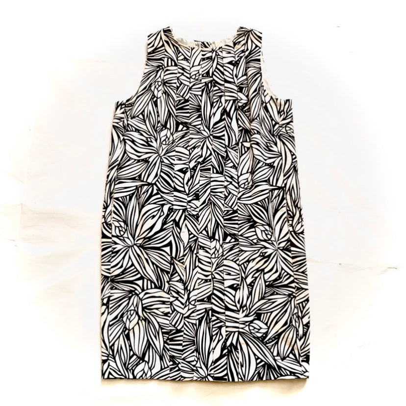 Espresso/White Floral Pleated Linen Shift Dress