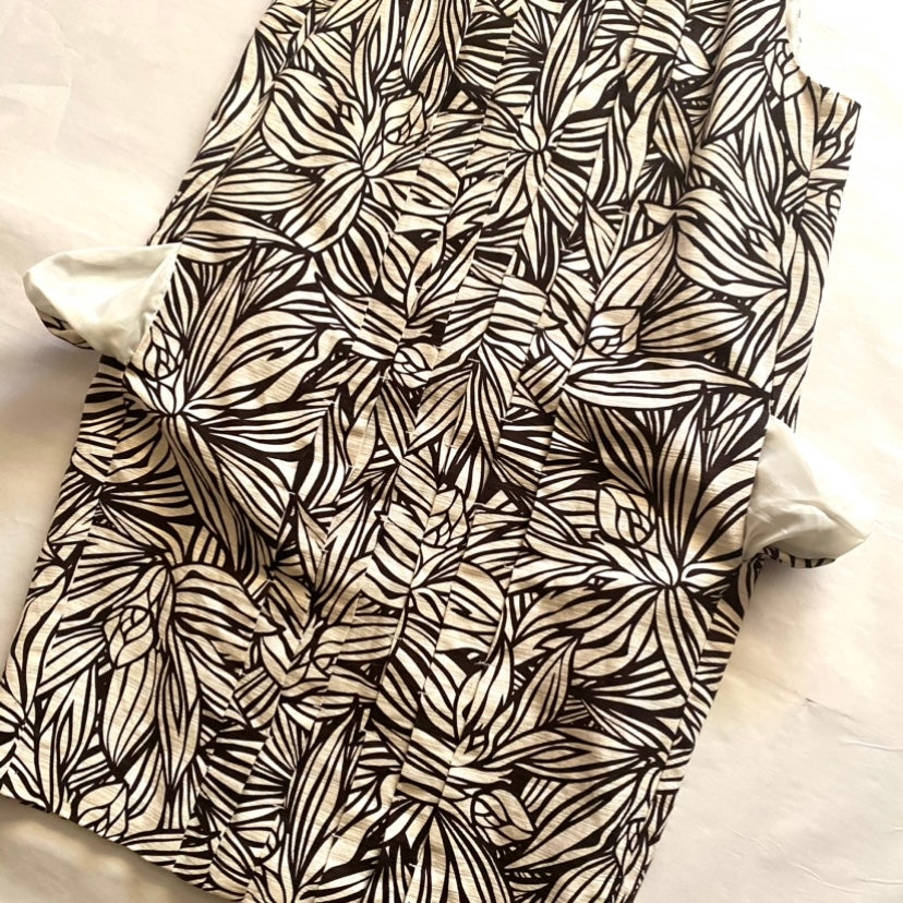 Espresso/White Floral Pleated Linen Shift Dress