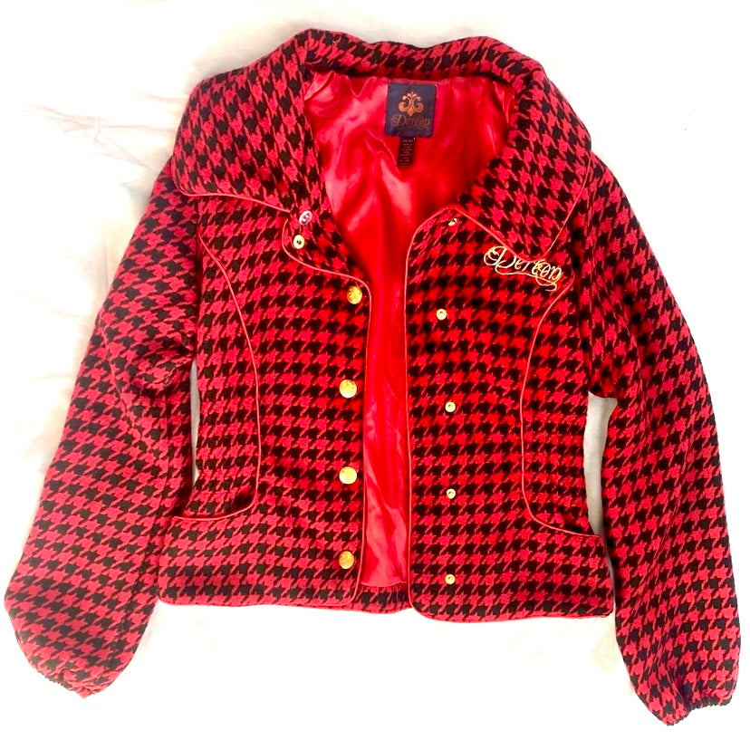 🔔 Y2K Red, Black, & Gold House of Deréon Wool Houndstooth Jacket