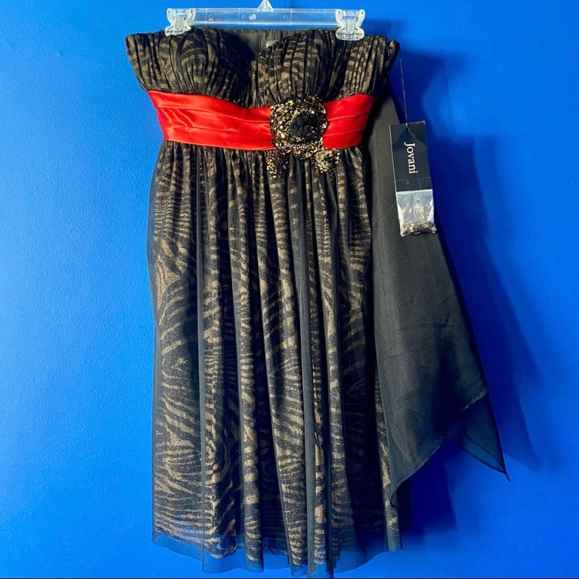 NWT Formal Strapless Black/Gold Zebra Print Dress w/ Red Ribbon & Tulle Sash (M)