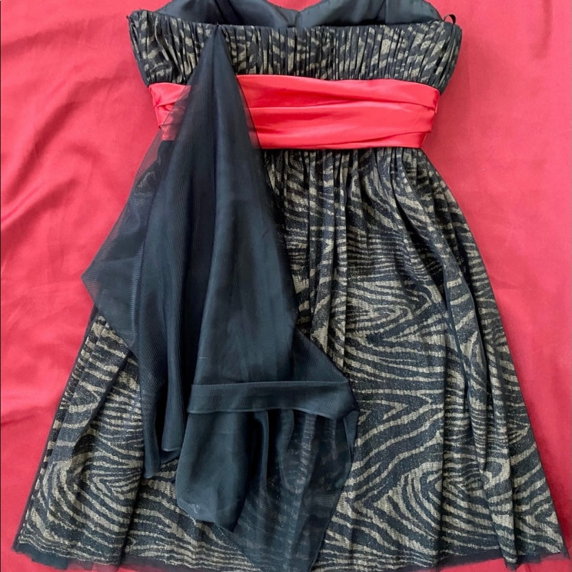 NWT Formal Strapless Black/Gold Zebra Print Dress w/ Red Ribbon & Tulle Sash (M)