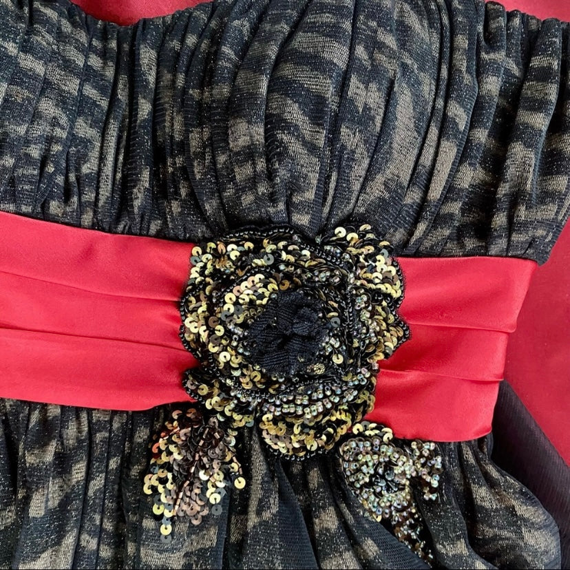 NWT Formal Strapless Black/Gold Zebra Print Dress w/ Red Ribbon & Tulle Sash (M)