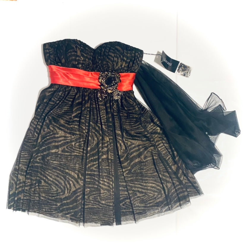 NWT Formal Strapless Black/Gold Zebra Print Dress w/ Red Ribbon & Tulle Sash (M)