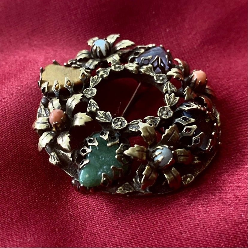 Black Onyx Amethyst Jade Light Blue Chalcedony Yellow Jasper Floral Wreath Pin